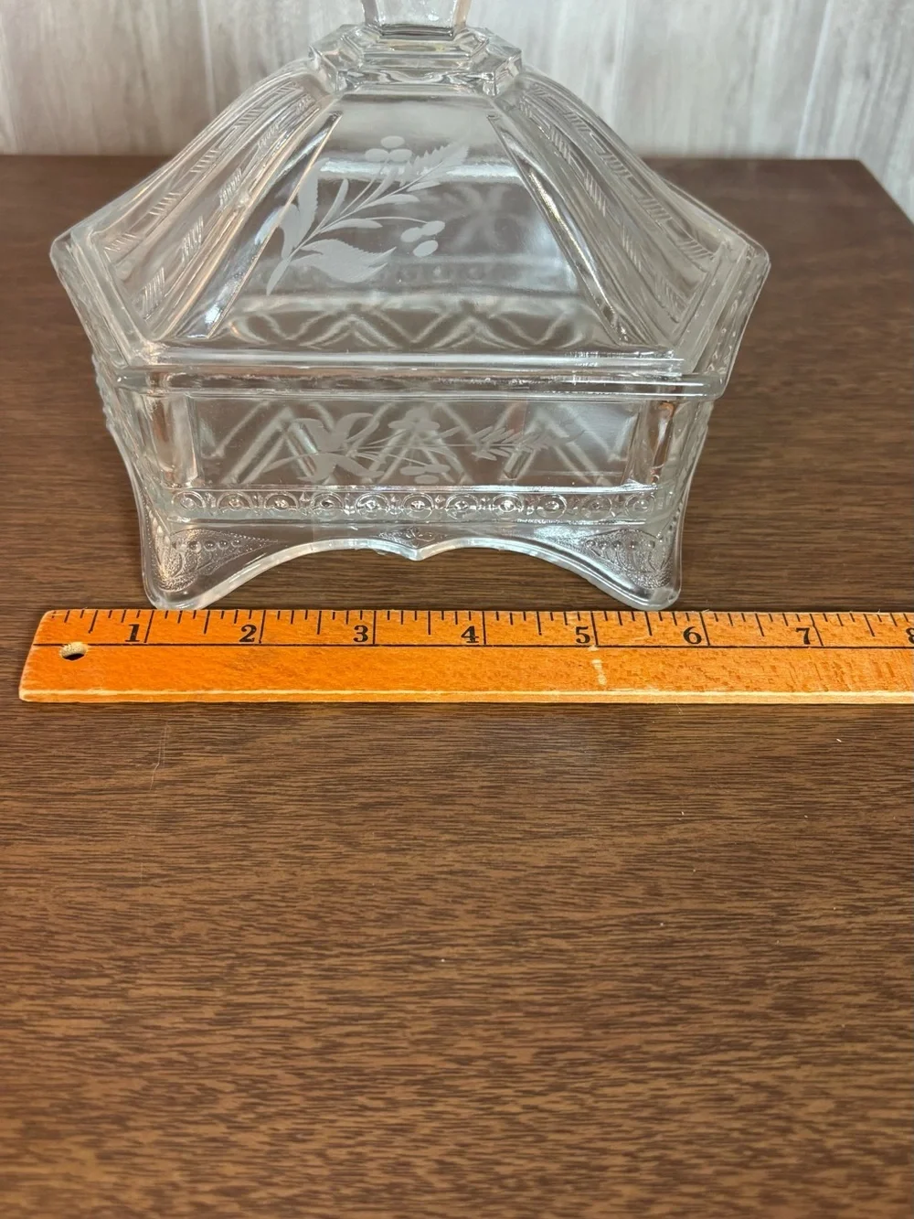 Vintage Clear Pressed Glass Footed Trinket Box with Elegant Etched Floral Design